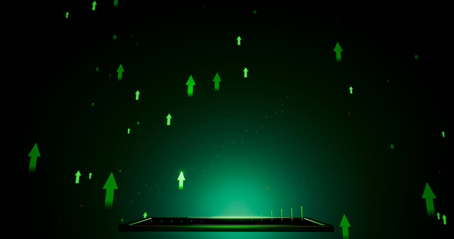 Investing in the stock market is profitable. Bull market. Green bar chart. Green glowing arrows are rising, meaning profit from investment. 3D Rendering