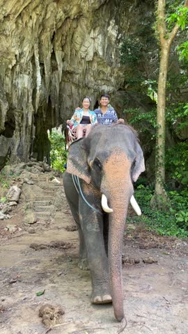 A couple enjoying an elephant ride in a lush, tropical setting with towering limestone cliffs. The elephant, adorned with a saddle, lifts its trunk, creating a majestic scene.