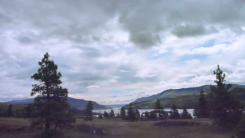Time lapse on cloudy day in the Columbia River Gorge in Washington and Oregon, Pacific Northwest.