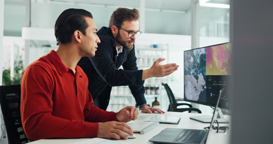 Men, map and computer screen with discussion for weather, environment and point for risk of wild fire. People, meteorology and planning with review of location for pattern at climate research agency