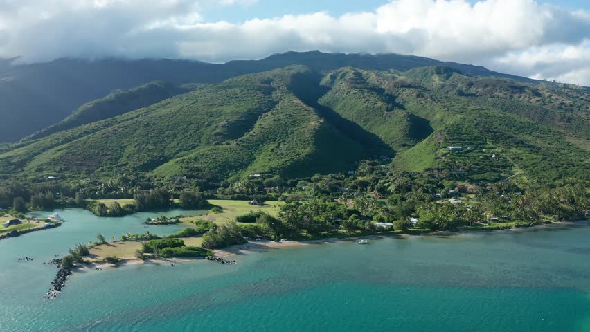 Molokai, Hawaii Coast Drone Shot Green Mountains Blue Ocean