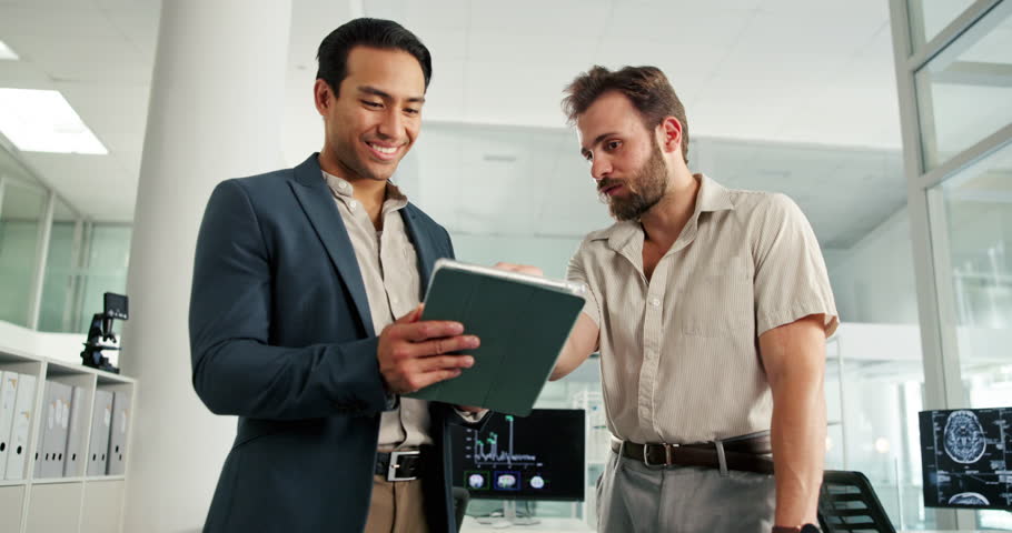 Tablet, team and business men in discussion in office for solution, ideas and data with dementia drug sales. Technology, collaboration and planning ai research in pharmaceutical company in low angle
