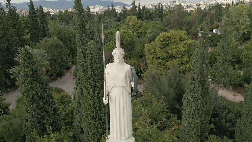Statue Of Armed Athena Drone Track Back Athens Greece 4K 60FPS