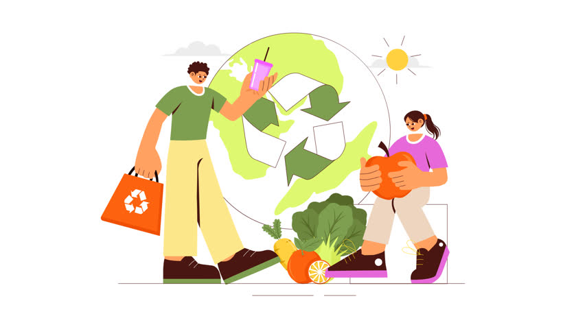 Animation of Zero Waste Lifestyle Illustration featuring Plastic Waste Being Sorted Into a Recycling Bin to Process Sustainability and Environmental Awareness
