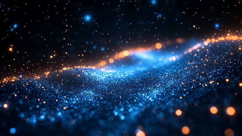 A captivating flow of luminescent particles weaves through a rich, glowing atmosphere.
