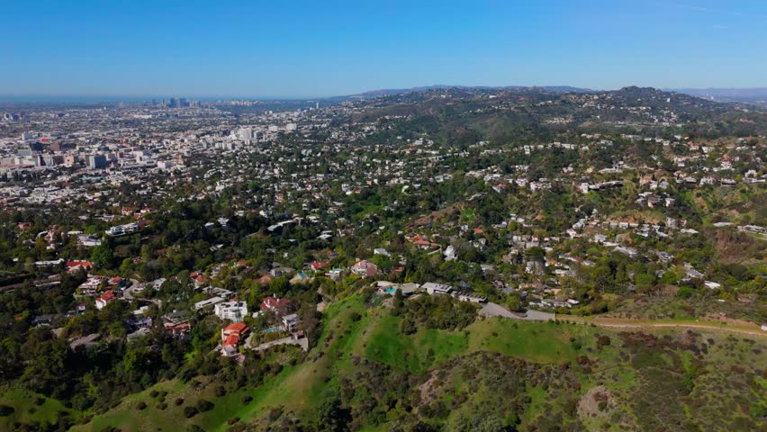 Flying Over Hollywood Hills Toward Downtown Los Angeles Skyline 20 March 2025