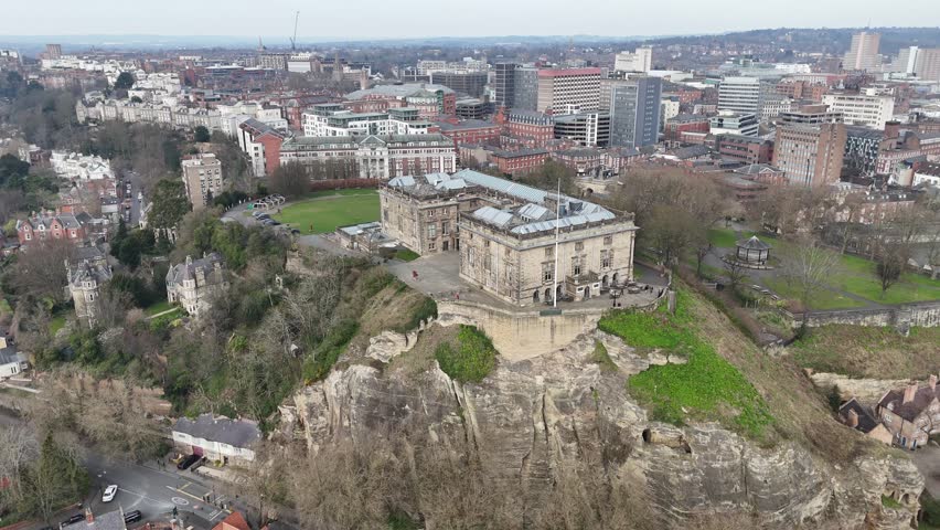 Nottingham Castle UK drone,aerial reveal City Centre
