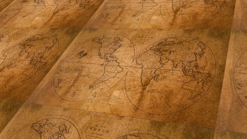 Zoom in on vintage world maps in aged parchment texture