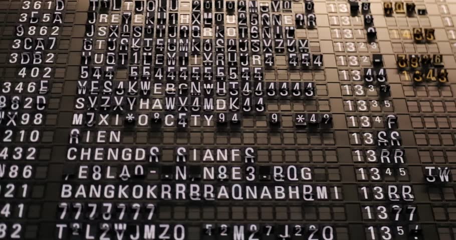 Main hall Modern European airport main hall, black mechanical flight information display board slow motion, flight arrivals and departures board European Airport, Germany, Frankfurt