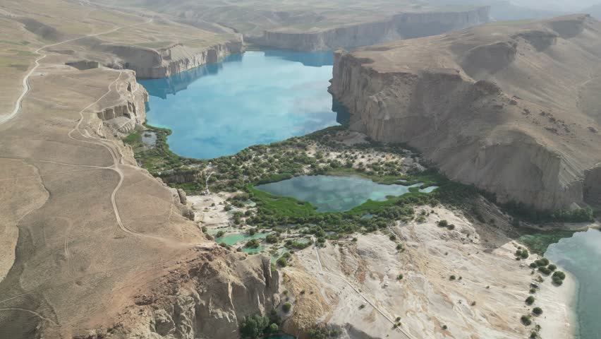 Drone Footage of Band-e Amir National Park, Afghanistan – Stunning Aerial View of Deep Blue Lakes