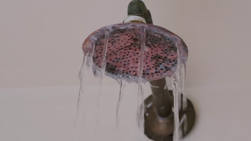 Vintage shower head in Morocco, rustic bathroom old design and cultural heritage, Moroccan plumbing, problem water in supply run out, antique copper shower fixture