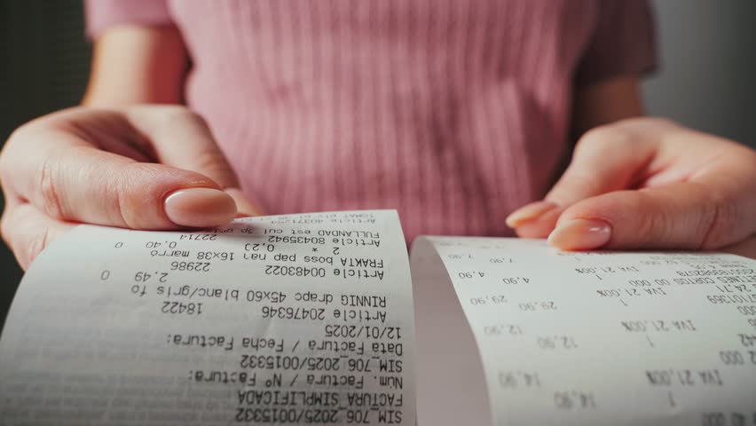The buyer holds a purchase receipt in hands, checks purchases and prices.