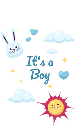 Its a boy birth announcement 2D card vertical animation. Cute gender reveal. Baby shower. Smiling sun, blue hearts, bunny animated ecard cartoon flat concept 4K video isolated on white with text
