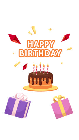 Happy birthday cake with candles and gifts 2D card vertical animation. Chocolate cake, wrapped presents, giftboxes greetings animated ecard cartoon flat concept 4K video isolated on white with text