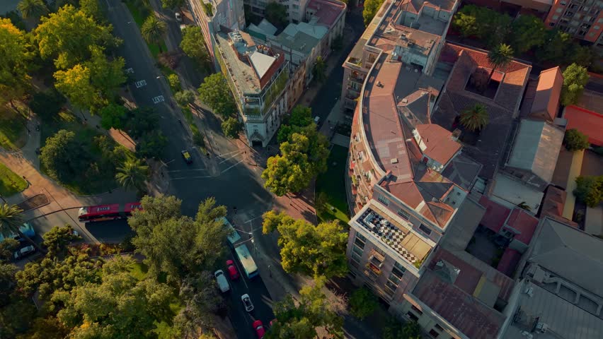 Aerial fly above urban park and Contemporary Arts Museum in Camineria Santiago de Chile