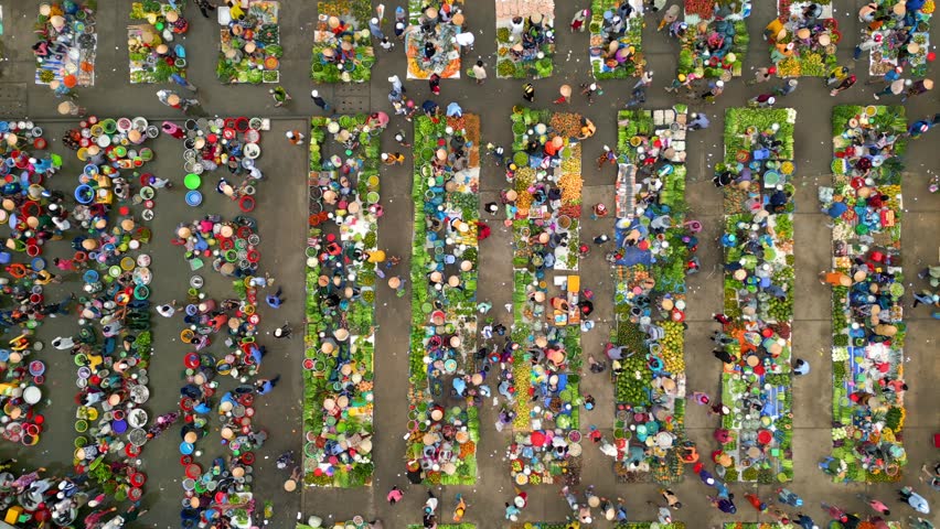 Top down view of colorful traditional farmers market in rural Vietnam