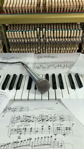 music studio scene - sheets of music notes among autumn maple leaves lie on the piano keyboard, ukulele, microphone