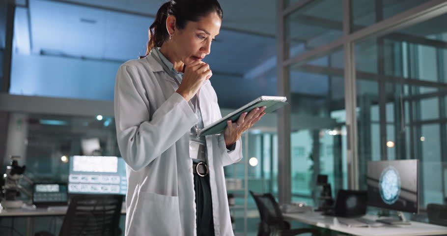 Research, scientist or interactive display for medical breakthrough, clinical trial or discovery. Night, woman and tablet for checking science on technology for vaccine study, cure or dna development