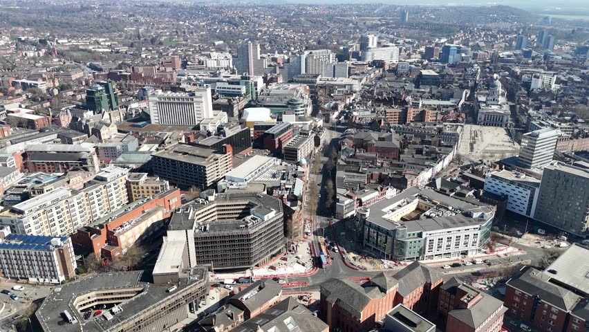 Establishing aerial shot Nottingham City centre UK