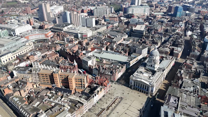 Nottingham City centre UK Panning drone aerial