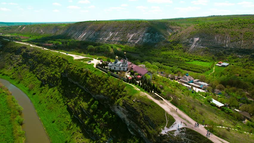 Popular tourist spot in Moldova.Republic of Moldova travel landscape.Aerial view with old Church at The Old Orhei.