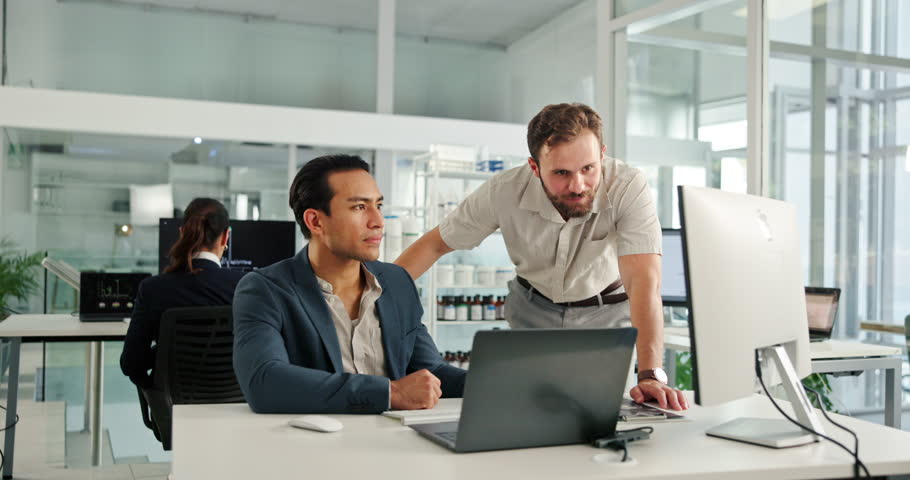 Feedback, laptop and teamwork with business people in office for report, review or update. Collaboration, conversation and research on computer with employee team at desk in workplace for discussion