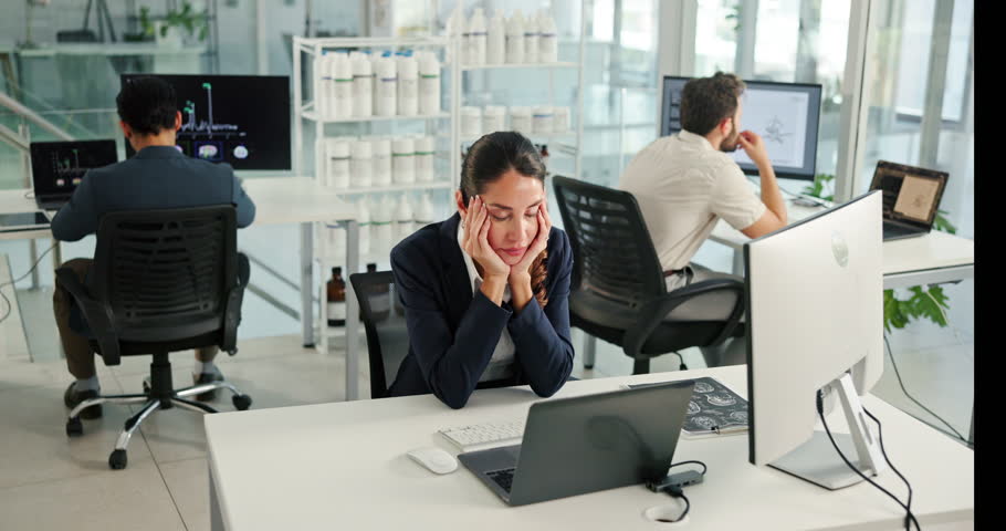 Business, tired and woman at desk, sleeping and exhausted with rest, overworked or pharmaceutical rep. Brain scans, employees or consultant in workplace, research for medicine or fatigue with burnout