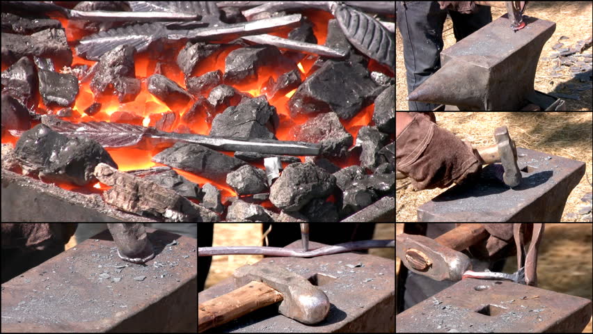 HD MONTAGE: Iron flowers. Sunny weather. On hot coals heated parts of metal