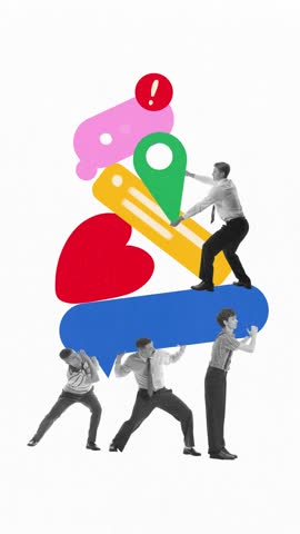 Team lifting oversized digital icons and speech bubbles representing messages, likes, and location pin. Stop motion, animation. Collaborative effort, online communication and social media networks.
