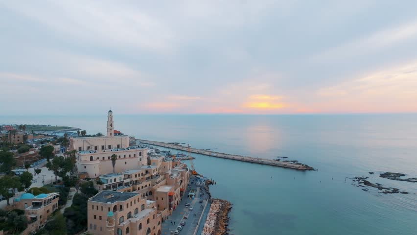 Tel Aviv , Israel ,port of Old Jaffa and St. Peter's Church at sunset