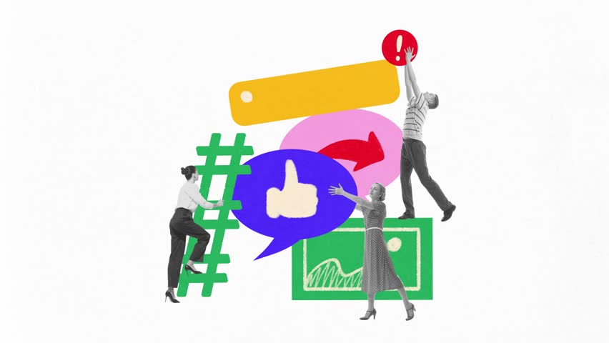 People climbing and balancing oversized digital icons,speech bubbles. Stop motion, animation. Teamwork, social networks, managing online presence, and digital communication. Social media marketing