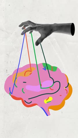 Abstract depiction of human brain with vibrant neural connections manipulated by hand. Mental health, control, and neuroscience. Stop motion, animation. Concept of medicine, treatment, health care
