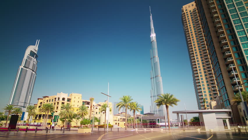 DUBAI, UNITED ARAB EMIRATES - September 20, 2018: day time world highest Burj Khalifa building exterior traffic street panorama 4k timelapse