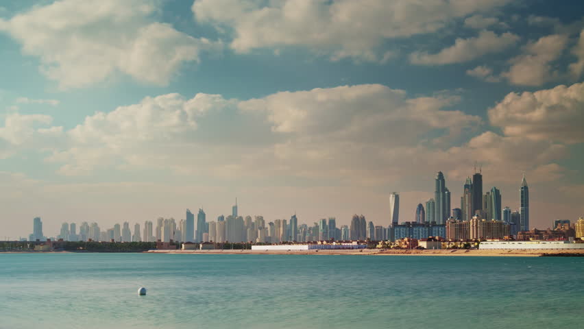 summer day dubai city downtown bay palm island view panorama 4k timelapse uae