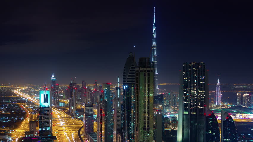 night illumination dubai main road roof top panorama 4k timelapse uae