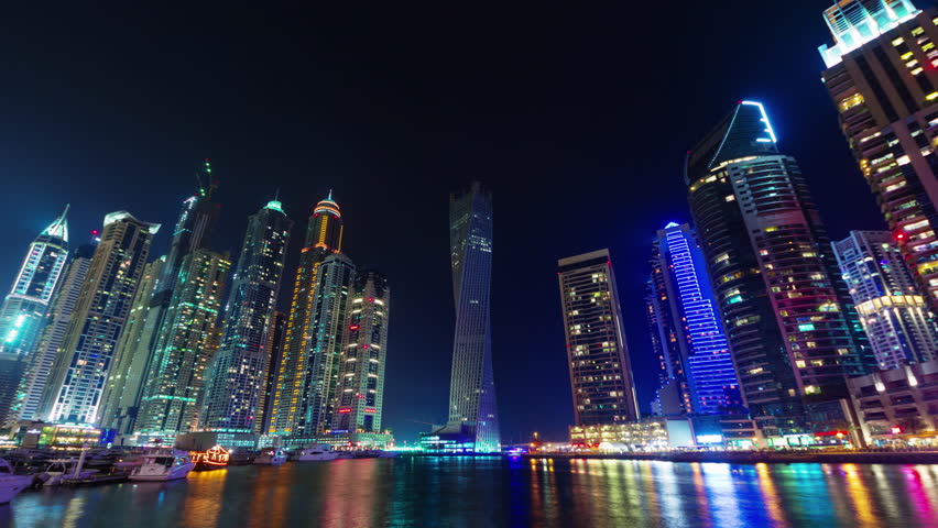 dubai marina night illumination yacht dock panorama 4k time laps euae