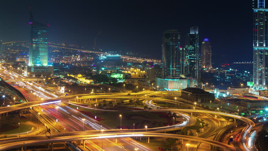 night dubai marina main road traffic junction roof top panorama 4k timelapse uae