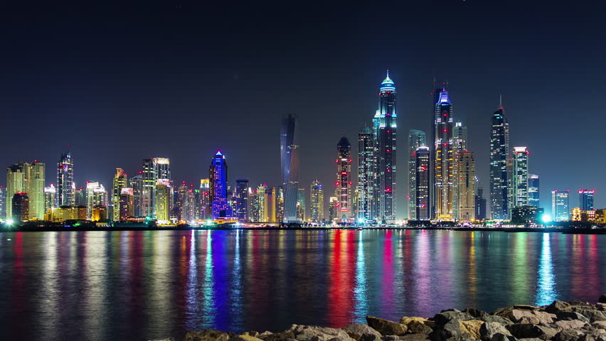 night time illumination dubai city marina downtown beach palm bay panorama 4k timelapse uae