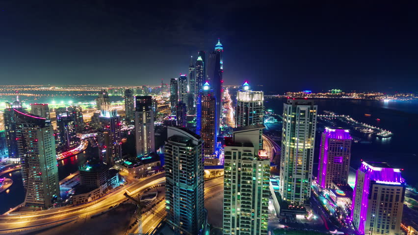 dubai marina downtown night illumination roof top panorama 4k timelapse uae