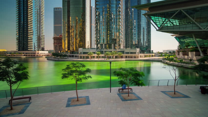 dubai jbr marina bay sunny day panorama 4k timelapse uae
