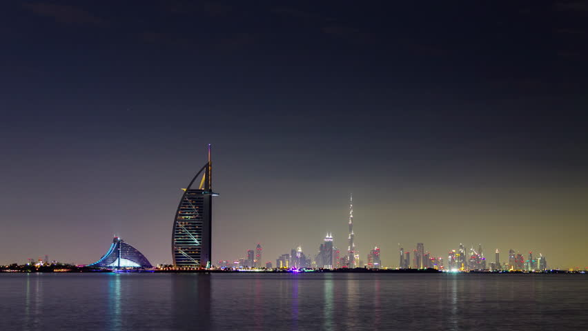 night illumination world famous dubai city hotels panorama 4k timelapse uae