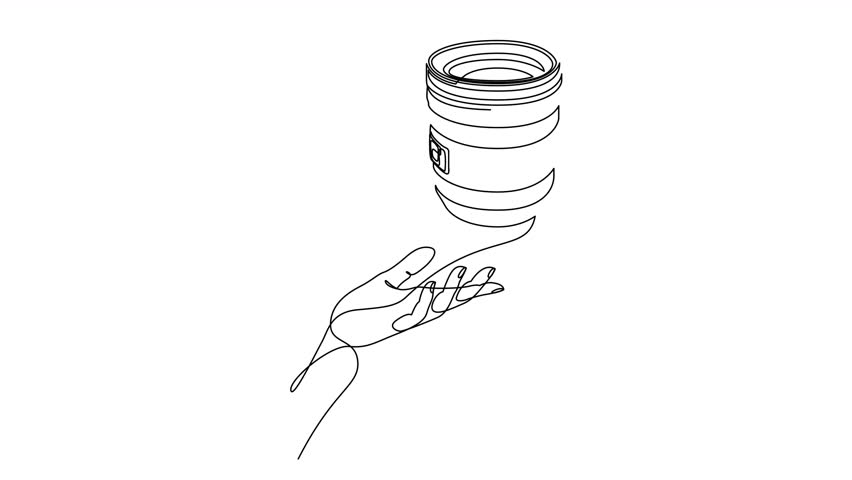 Self drawing animation of human hand holding camera lens drawn by continuous one line. One line photo equipment store concept animated video. 4K, Alpha channel.