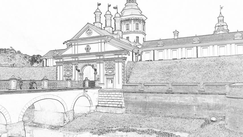 eautiful Medieval Castle in Belarus. Sketch in Doodle Style