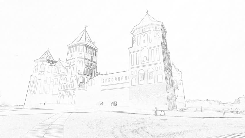eautiful Medieval Castle in Belarus. Sketch in Doodle Style
