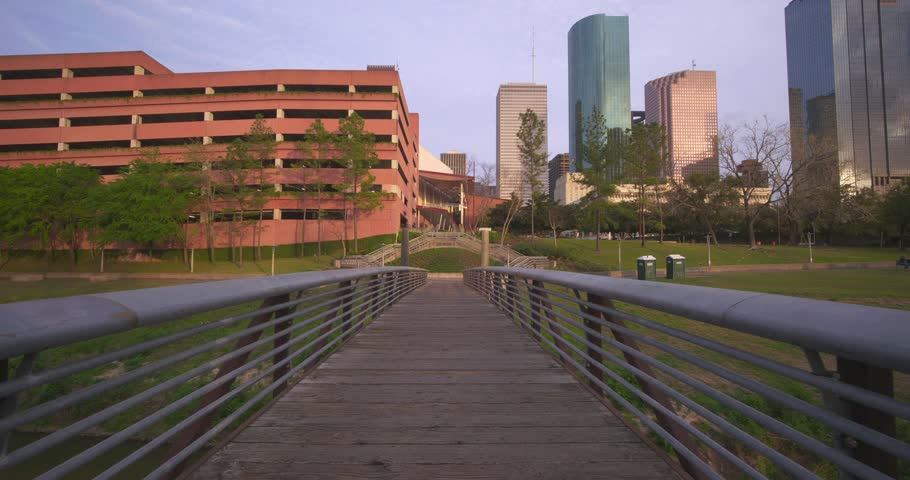 Slow Motion Drone Shot of Bridge Over Buffalo Bayou in Houston, Texas