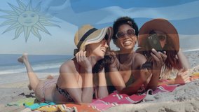 Relaxing on beach, three women in sun hats with Uruguay flag animation. Vacation, beachwear, travel, leisure, sunbathing, tropical - Powered by Shutterstock - Get 15% off with code: PIKWIZARD15