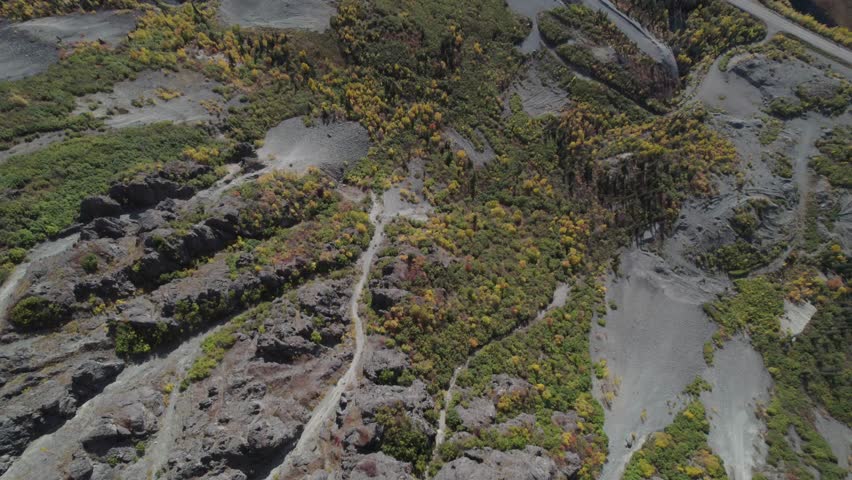 Mountain ridge with autumn colored forest, aerial top down view
