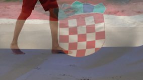 Walking on beach, person with Croatian flag overlay animation in background. Travel, patriotism, vacation, patriot, coastline, tourism - Powered by Shutterstock - Get 15% off with code: PIKWIZARD15