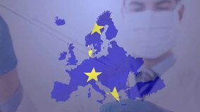 Animation of medical professional wearing mask and gloves with stars on Europe map. Healthcare, pandemic, medicine, safety, protection, geography - Powered by Shutterstock - Get 15% off with code: PIKWIZARD15