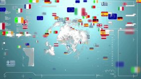 Flags of various countries floating over digital world map animation. Global, international, diversity, unity, network, connection - Powered by Shutterstock - Get 15% off with code: PIKWIZARD15
